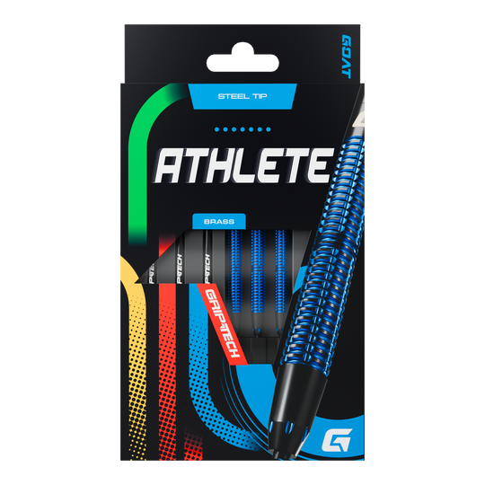 Fléchettes en acier GOAT Athlete en laiton bleu - 12 g Die Abbildung zeigt die Verpackung der GOAT Athlete Blue Brass Steeldarts mit einem Gewicht von 12g. Auf der Verpackung sind blaue, strukturierte Darts sowie die Aufschrift "ATHLETE" und "GRIPTECH" zu sehen.