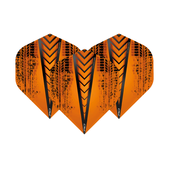 TF6333_Red_Dragon_Hardcore_Radical_Orange_Standard_Flights_14YAnA3Pri9GEw Das Bild zeigt drei Dart-Flights des Modells "Red Dragon Hardcore Radical Orange Standard Flights". Sie sind orange mit schwarzen Mustern und Streifen gestaltet.