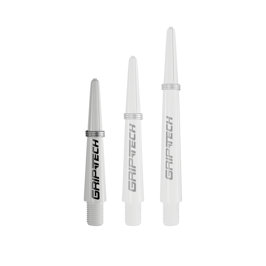 Tiges GOAT Griptech - Blanches Das Bild zeigt drei silberne Dartschäfte in verschiedenen Längen. Auf jedem Schaft steht das Wort "GRIPTECH".