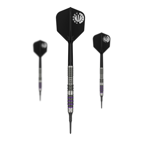 Fléchettes souples Target Japan Prime Series Yuta Hayashi Sirius GEN3 MAX - 21,5 g Das Bild zeigt drei Softdarts aus der Serie "Target Japan Prime Series Yuta Hayashi Sirius GEN3 MAX" mit einem Gewicht von 21,5g. Die Darts haben schwarze Flights mit weißem Aufdruck und einen silbernen, detailliert gearbeiteten Barrel.
