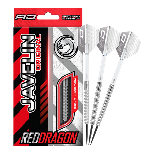 Fléchettes en acier Red Dragon Javelin Das Bild zeigt die Red Dragon Javelin Steeldarts in voller Ansicht. Sie sind speziell für das professionelle Darten entwickelt.
