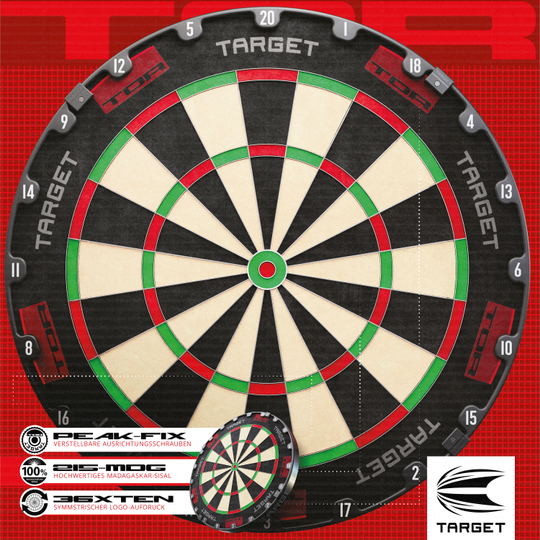 Target de fléchettes en acier Target TOR Das Bild zeigt die Steeldart-Scheibe "Target TOR" mit klassischem Design in Schwarz, Weiß, Rot und Grün. Im Vordergrund sind Logos und spezielle Merkmale der Dartscheibe hervorgehoben.