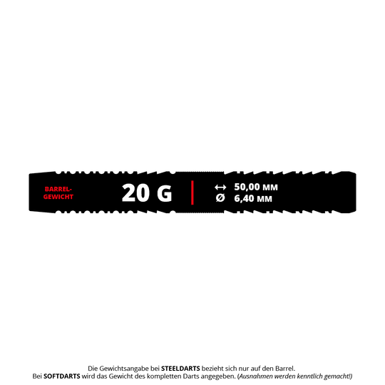 Das Bild zeigt die Produktinformationen der "Target Japan Black Marque Draco GEN2 Softdarts - 20g". Das Barrel-Gewicht beträgt 20 Gramm, die Länge 50,00 mm und der Durchmesser 6,40 mm.