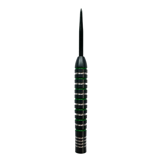 Canons en acier vert argenté McDart Das Bild zeigt ein McDart Silver Green Steeldart Barrel. Der Dartpfeil hat silberne Ringe mit grünen Akzenten entlang des Griffbereichs.