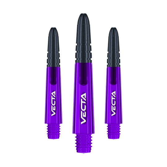 Tiges Winmau Vecta - Violet Noir Auf dem Bild sind drei lilafarbene und schwarze Dartschäfte der Marke Vecta zu sehen. Die Schäfte sind 34 mm lang und werden als Set geliefert.
