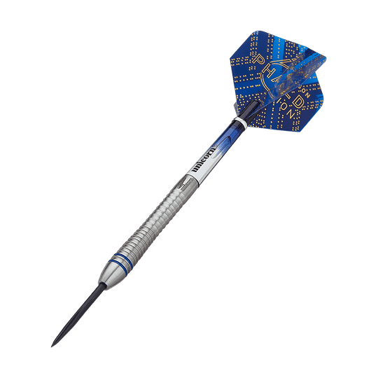 29030_Unicorn_World_Champion_Gary_Anderson_Phase_6_Steeldarts_4 Das Bild zeigt einen Unicorn Phase 6 World Champion Gary Anderson Steeldart. Der Dart hat eine silberne, gerillte Spitze und blaue Flights mit goldenen Akzenten.