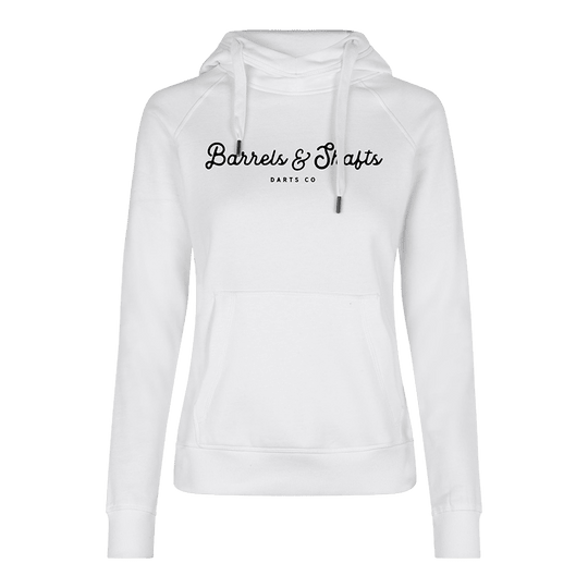 Sweat à capuche Femme Barrels and Shafts - Blanc Dies ist ein weißer Damen-Hoodie mit Kapuze und Kängurutasche. Auf der Vorderseite steht der Text "Barrels & Shafts Darts Co".