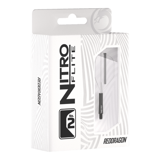 Ailettes Red Dragon Nitroflite - Tige noire transparente n°2 Die Abbildung zeigt die Verpackung des Produkts „Red Dragon Nitroflite - Black Shaft Clear No2 Flights“. Die Verpackung ist überwiegend weiß mit schwarzen Aufdrucken und einer Sichtöffnung, durch die das Produkt zu sehen ist.