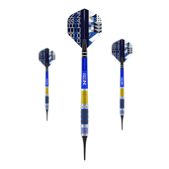 Red Dragon Luke Humphries Softdarts - 20g Das Bild zeigt drei Softdarts des Modells "Red Dragon Luke Humphries Softdarts - 20g". Die Darts sind überwiegend blau, gelb und silbern gestaltet und besitzen bunte Flights mit geometrischem Muster.