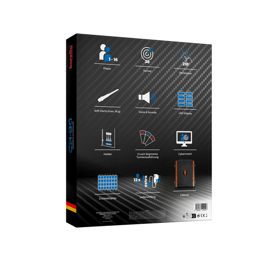 Cible de fléchettes électronique CB 90 version tournoi Die Abbildung zeigt die Rückseite der Verpackung der elektronischen Dartscheibe CB 90 Turnierausführung mit Symbolen zu den wichtigsten Funktionen. Es werden verschiedene Merkmale wie Spieleranzahl, Spielmodi, LED-Display und Zubehör dargestellt.