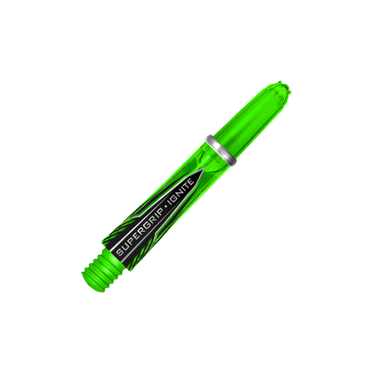 HR389_Harrows_Supergrip_Ignite_Shafts_Gr-n_33mm_2 Das Bild zeigt einen grünen Harrows Supergrip Ignite Shaft für Darts. Auf dem Schaft steht der Schriftzug "SUPERGRIP IGNITE".