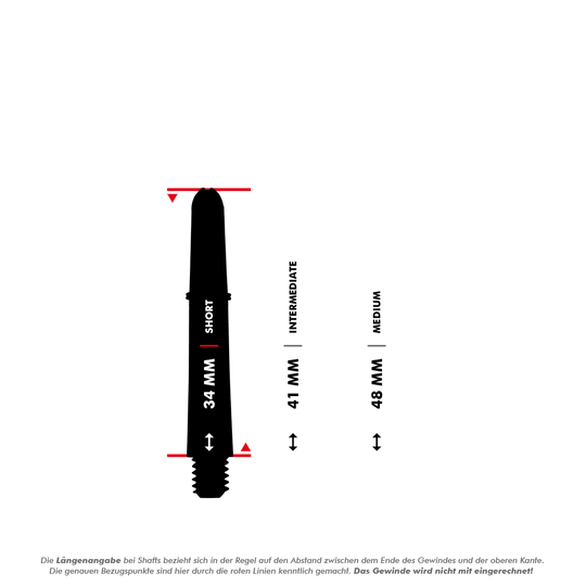 Tiges Target Pro Grip - 3 jeux - Transparent Das Bild zeigt drei verschiedene Längen von Dartshafts: 34 mm (short), 41 mm (intermediate) und 48 mm (medium). Die Längen werden ohne das Gewinde gemessen, was durch die roten Linien deutlich gemacht wird.