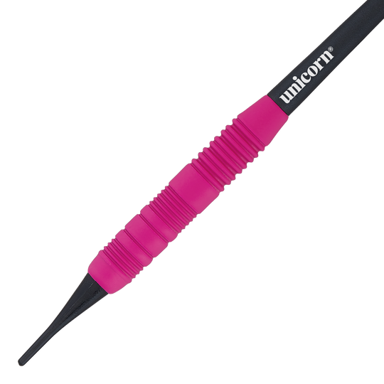 Fléchettes souples Unicorn Core Plus en caoutchouc rose - 19 g Das Bild zeigt einen Unicorn Core Plus Rubberised Pink Softdart mit einem Gewicht von 19g. Der Dart hat einen pinken, gummierten Griff und eine schwarze Spitze.