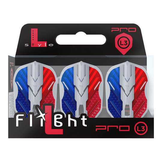 Vols L-Style V-Series V1 Type B France Blanc Transparent L3PRO Das Bild zeigt eine Verpackung mit drei Dartflights der Marke L-Style in den Farben Blau, Weiß und Rot. Auf der Verpackung steht "Flight L Pro L3", und die Flights haben ein modernes, kantiges Design.