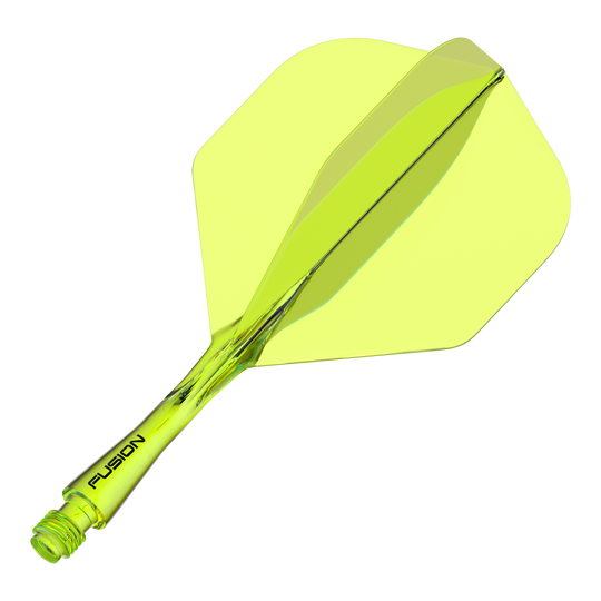 Système d'arbre de vol Winmau Fusion Standard Jaune Dies ist ein gelber Dartshaft mit integriertem Flight-System. Auf dem Schaft steht das Wort "FUSION" geschrieben.