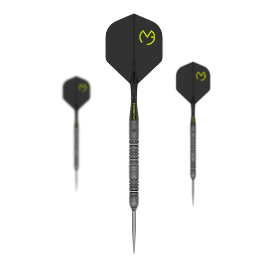 Hier sieht man die Winmau MvG Signature Edition Switch Points Steeldarts. Dieses Set ist eine Sonderedition, inspiriert vom Profi-Dartspieler Michael van Gerwen.