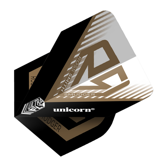 Vols Unicorn Ultrafly 100 Ross Smith Plus Das Bild zeigt die Unicorn Ultrafly 100 Ross Smith Plus Flights mit einem modernen Design in Schwarz, Gold und Weiß. Auf der Flight-Oberfläche sind die Wörter "Ross Smith", "Unicorn" und "Smudger" zu sehen.