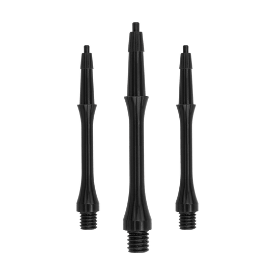 HRC-12602_Harrows_Clic_Slim_Shafts_Black_23mm_1HX3hrRgn7eKSK Das Bild zeigt drei schwarze Harrows Clic Slim Shafts für Dartpfeile. Die Shafts sind schlank und aus robustem Material gefertigt.