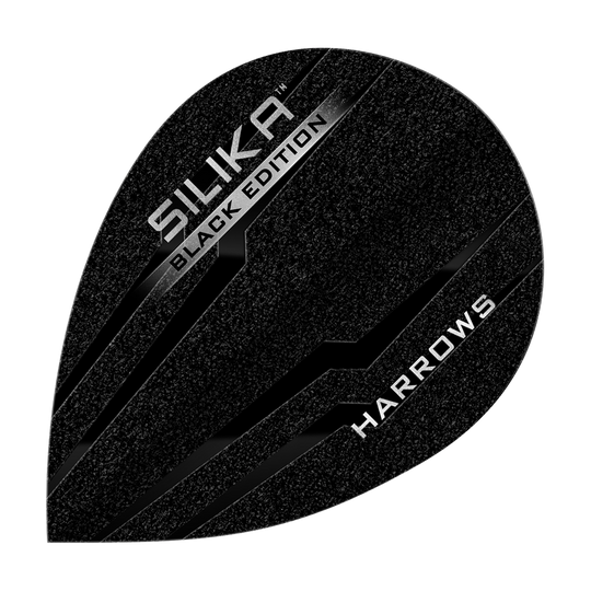 Volets de poires Harrow's Silica Black Edition Dieses Bild zeigt das Produkt "Harrows Silika Black-Edition Pear Flights". Die Flights sind schwarz mit silbernen Akzenten und dem Text "SILIKA BLACK EDITION" sowie "HARROWS" darauf.