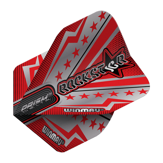 Vols standard Winmau Prism Delta Joe Cullen Rockstar Series n°2 Das Bild zeigt ein Dartflight aus der Winmau Prism Delta Joe Cullen Rockstar Series No2 Standard Flights. Das Design ist in Rot, Silber und Schwarz gehalten und zeigt Sterne sowie das Wort "Rockstar" in großer Schrift.