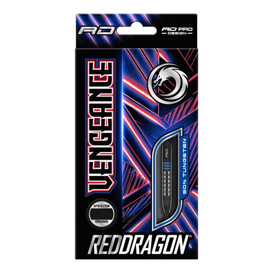 Fléchettes en acier bleu Red Dragon Vengeance Auf dem Bild ist die Verpackung der "Red Dragon Vengeance Blue Steeldarts" zu sehen. Die Schachtel ist schwarz mit blauen und roten Akzenten und zeigt einen Dartpfeil mit dem Hinweis auf 90% Tungsten.