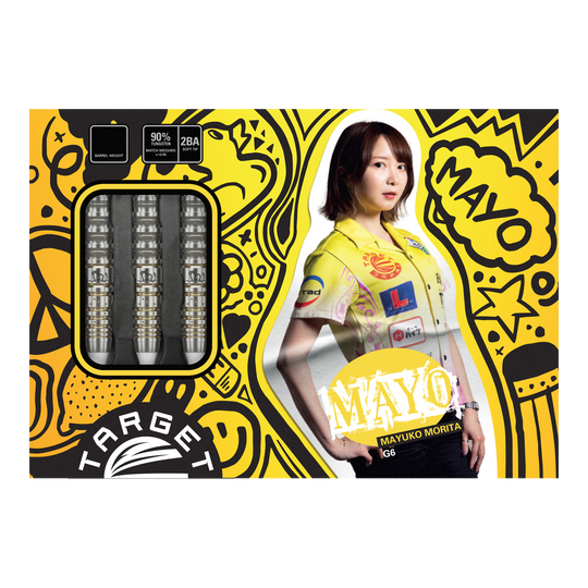 Fléchettes souples Target Japan Prime Series Mayujo Morita GEN6 - 18 g Die Verpackung zeigt die "Target Japan Prime Series Mayuko Morita GEN6 Softdarts - 18g". Links sind die Darts zu sehen, rechts ist ein Bild von Mayuko Morita mit buntem Hintergrund.