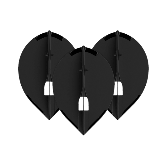 Ailettes L-Style Champagne L2PRO Teardrop - Noir Das Bild zeigt drei schwarze L-Style Champagne L2PRO Teardrop Flights. Sie sind in einer gleichmäßigen Anordnung nebeneinander platziert.