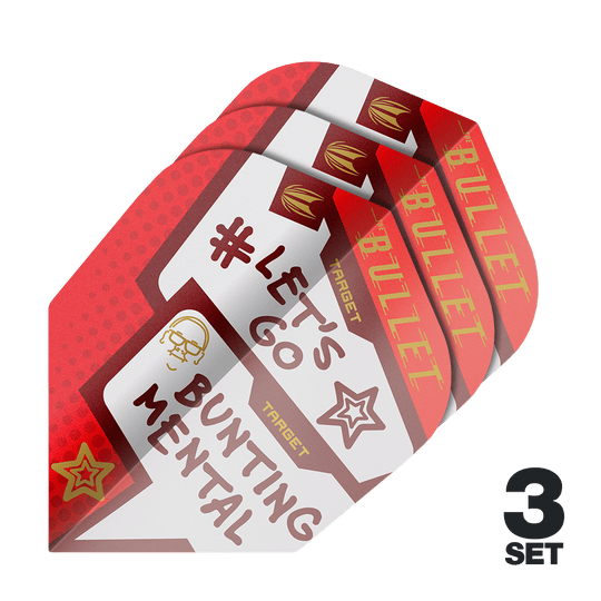 Ailettes Target Pro Ultra Stephen Bunting Mental No6 - 3 jeux Das Bild zeigt drei Sets der Target Pro Ultra Stephen Bunting Mental No6 Flights für Dartpfeile. Die Flights sind rot und weiß gestaltet und tragen die Aufschrift "#LET'S GO BUNTING MENTAL".