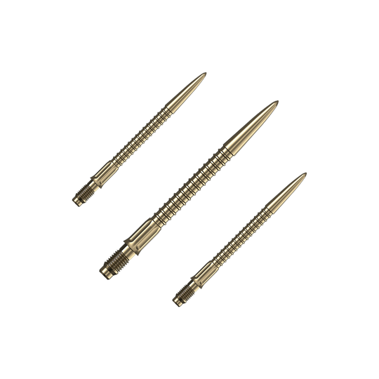 Ein Set goldener Dartspitzen ist auf dem Bild zu sehen. Das Set ist für Dartpfeile gedacht.