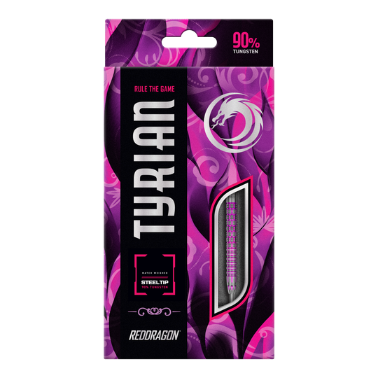 Fléchettes en acier tyrien du Dragon Rouge Die Abbildung zeigt die Verpackung der "Red Dragon Tyrian Steeldarts". Die Schachtel ist überwiegend in Lila- und Rosatönen gestaltet und hebt hervor, dass die Darts aus 90% Tungsten bestehen.