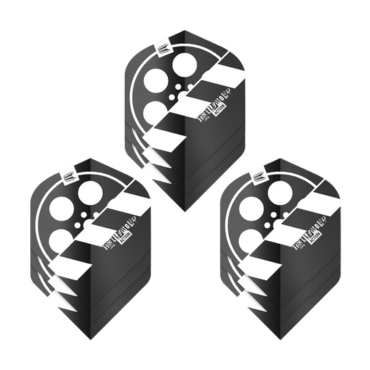 Target Pro Ultra Chris Dobey Hollywood Action No2 Standard Flights - 3 jeux Das Bild zeigt drei Sets von Dart-Flights mit einem Filmklappen-Design in Schwarz und Weiß. Die Flights tragen den Namen "Target Pro Ultra Chris Dobey Hollywood Action No2 Standard Flights".
