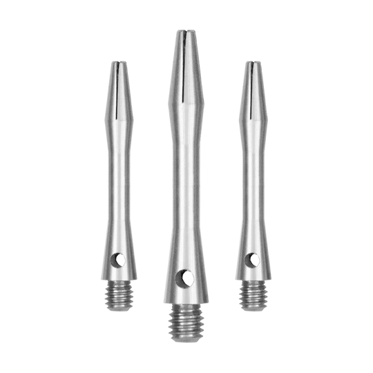 517_Aluminium_Shafts_Silber_35mm_1 Das Bild zeigt drei silberne Aluminiumschäfte in verschiedenen Längen. Sie haben ein Schraubgewinde an einem Ende und eine schlanke, glatte Oberfläche.