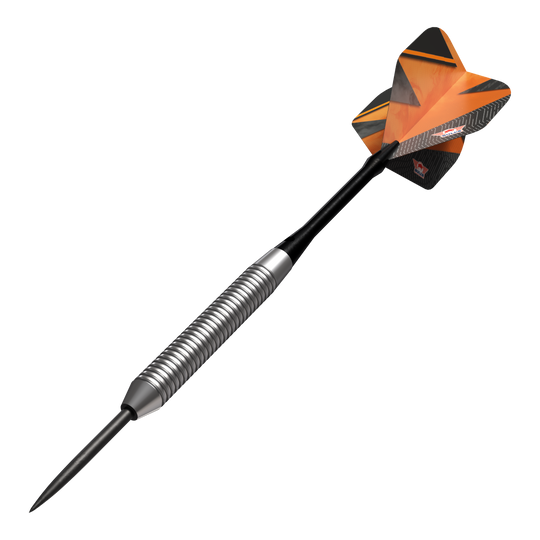 Fléchettes en acier orange Bulls NL Lightning Das Bild zeigt einen Bulls NL Lightning Orange Steeldart. Der Dart hat einen silbernen, gerillten Schaft und orangene Flights mit schwarzen Akzenten.