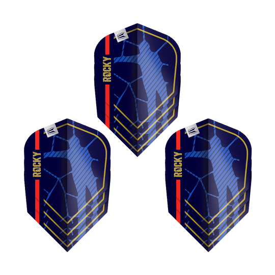 Ailettes Target Pro Ultra Josh Rock GEN1 n°6 - 3 jeux Das Bild zeigt drei Dartflights des Produkts „Target Pro Ultra Josh Rock GEN1 No6 Flights - 3 Sets“. Die Flights sind dunkelblau mit goldenen Linien, einer roten Streifen und dem Schriftzug „ROCKY“ versehen.