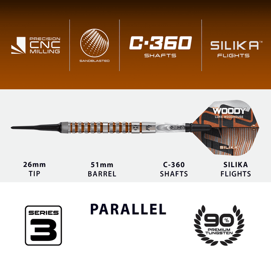 Fléchettes souples Luke Woodhouse série 3 de Harrow - 18 g Abgebildet sind die Harrows Luke Woodhouse Series 3 Softdarts - 18g. Die Darts werden als 18-Gramm-Version präsentiert.