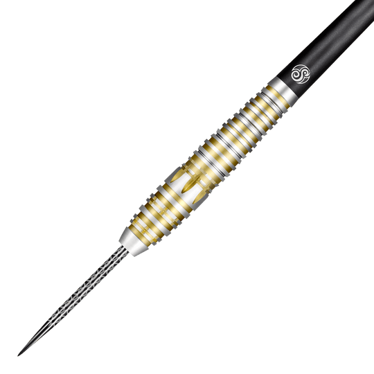Fléchettes en acier Shot Celt Balor Das Bild zeigt einen Shot Celt Balor Steeldart mit silbernen und goldenen Rillen am Griff. Die Spitze ist aus Metall und der Schaft ist schwarz.