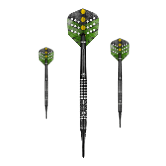 Shot de Devon Petersen avec les fléchettes souples The Courage Shot Devon Petersen The Courage Softdarts mit detailliertem Flight-Design. Die Darts sind beobachtbar angeordnet.