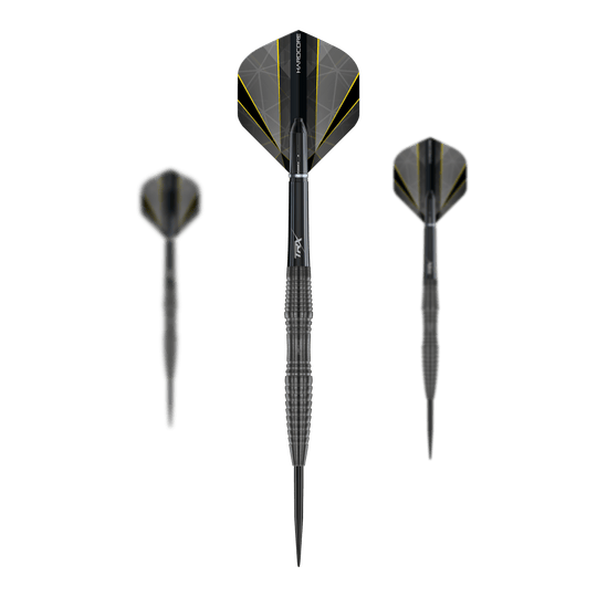 Fléchettes en acier Onyx Seren 3 du Dragon Rouge Das Bild zeigt drei Steeldarts des Modells "Red Dragon Seren 3 Onyx". Die Darts haben ein schwarz-gelbes Design und sind mit geriffeltem Griff versehen.