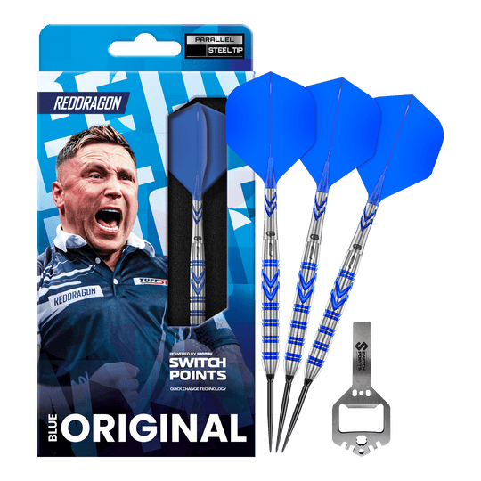 Fléchettes en acier Red Dragon Gerwyn Price Blue Original Switch Point Das Bild zeigt die Red Dragon Gerwyn Price Blue Original Switch Point Steeldarts. Es handelt sich um hochwertige Steeldarts mit blauem Design.