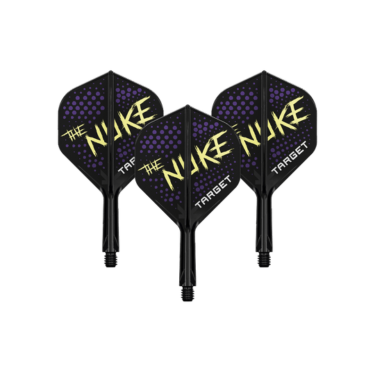 Système de vol standard Target K-Flex Luke Littler Black No2 Auf dem Bild sind drei Dart-Flights in Schwarz mit lilafarbenen Punkten und gelber Aufschrift "The Nuke" zu sehen. Unten steht der Schriftzug "Target" auf jedem Flight.