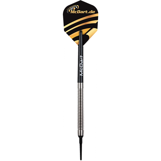 Jeu de fléchettes McDart Giga Grip 2 Das Bild zeigt einen Dartpfeil aus dem McDart Giga Grip 2 Dartset. Der Pfeil hat ein silbernes Griffstück, einen schwarzen Schaft und eine schwarze Flights mit gelben Streifen und dem McDart.de-Logo.