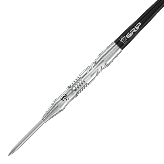 Fléchettes en acier Bulls Tac T1 Das Bild zeigt einen Bull’s Tac T1 Steeldart mit silberner Spitze und strukturiertem Griff. Auf dem Dart steht das Logo "B GRIP" auf einem schwarzen Schaft.
