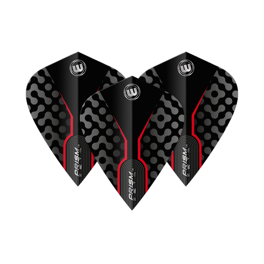 Das Bild zeigt drei Winmau Zeta Black Red Kite Flights. Sie sind schwarz mit roten Linien und einem auffälligen Muster in Grau.