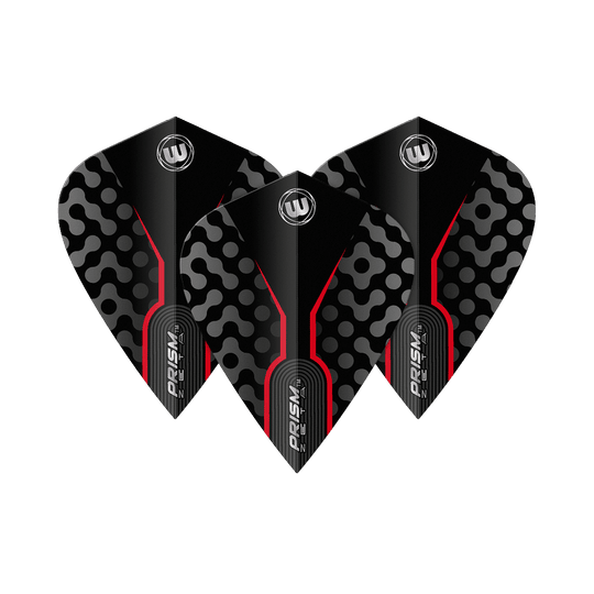 Vols de cerf-volant royal noir Winmau Zeta Das Bild zeigt drei Winmau Zeta Black Red Kite Flights. Sie sind schwarz mit roten Linien und einem auffälligen Muster in Grau.