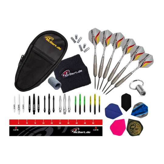 Pack de démarrage McDart Fléchette en acier Das Bild zeigt das McDart Starterpack. Es handelt sich um ein Starterset für Dartspieler.