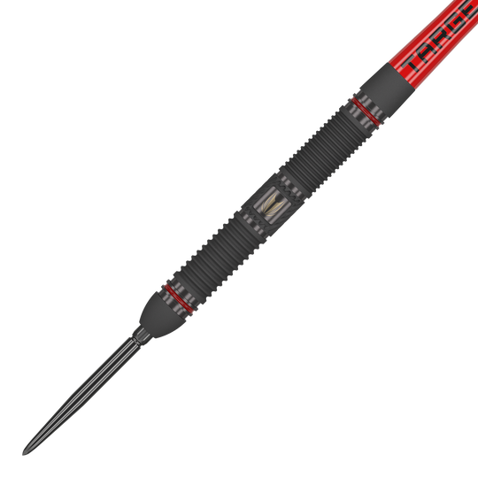 Target Scope 01 Fléchettes en acier Swiss Point Das Bild zeigt einen Steeldart namens "Target Scope 01 Swiss Point". Der Dart hat ein schwarzes, geriffeltes Griffstück mit roten Akzenten und einer silbernen Spitze.