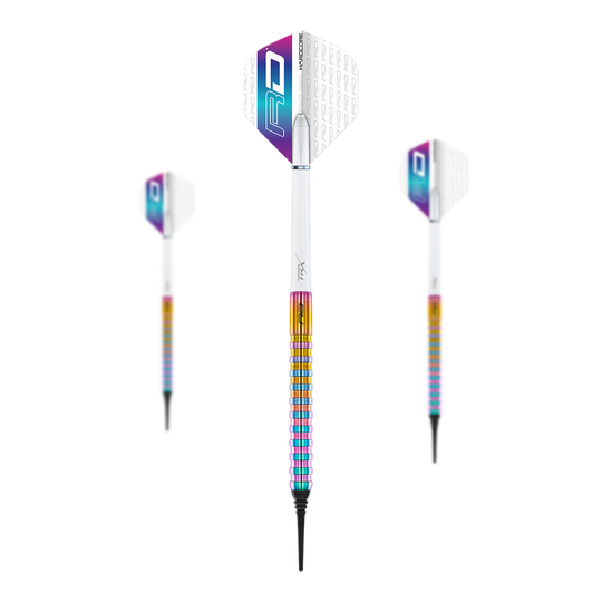 Fléchettes souples Red Dragon Javelin Spectron - 20 g Das Bild zeigt drei Softdarts des Modells "Red Dragon Javelin Spectron" mit einem Gewicht von 20g. Die Darts haben farbenfrohe Griffe und weiße Flights mit lila und blauer Verzierung.