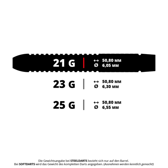 Fléchettes en acier de la Mission Horus Das Bild zeigt verschiedene Gewichtsklassen von Steeldarts mit den jeweiligen Maßen. Für 21 g, 23 g und 25 g beträgt die Länge jeweils 50,80 mm, während der Durchmesser mit dem Gewicht zunimmt.