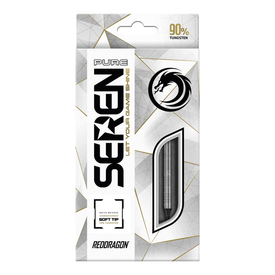 Die Verpackung zeigt das Produkt "Red Dragon Seren 1 Pure Softdarts - 20g". Das Design ist überwiegend weiß mit goldenen und schwarzen Akzenten und hebt die Qualität aus 90 % Tungsten hervor.