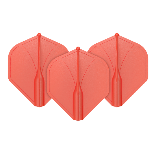 Profil aérodynamique moulé n°2 Vols standard Das Bild zeigt drei rote Dartflights, die nebeneinander angeordnet sind. Sie haben eine einheitliche Form und glatte Oberfläche.
